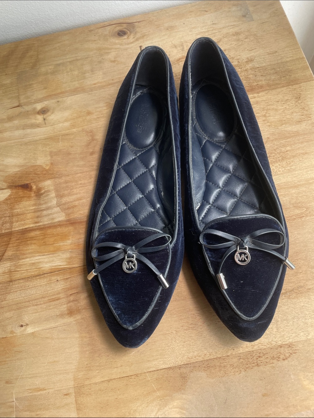 Michael Kors Navy Velvet Pointed Flats with MK Bow Charm